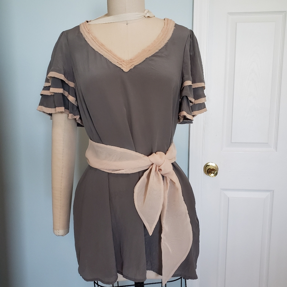 Unique Gray Silk Blouse With Sash, M